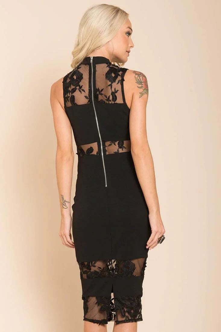Black High-Neck Sheer Lace Panel Bodycon Midi Dress