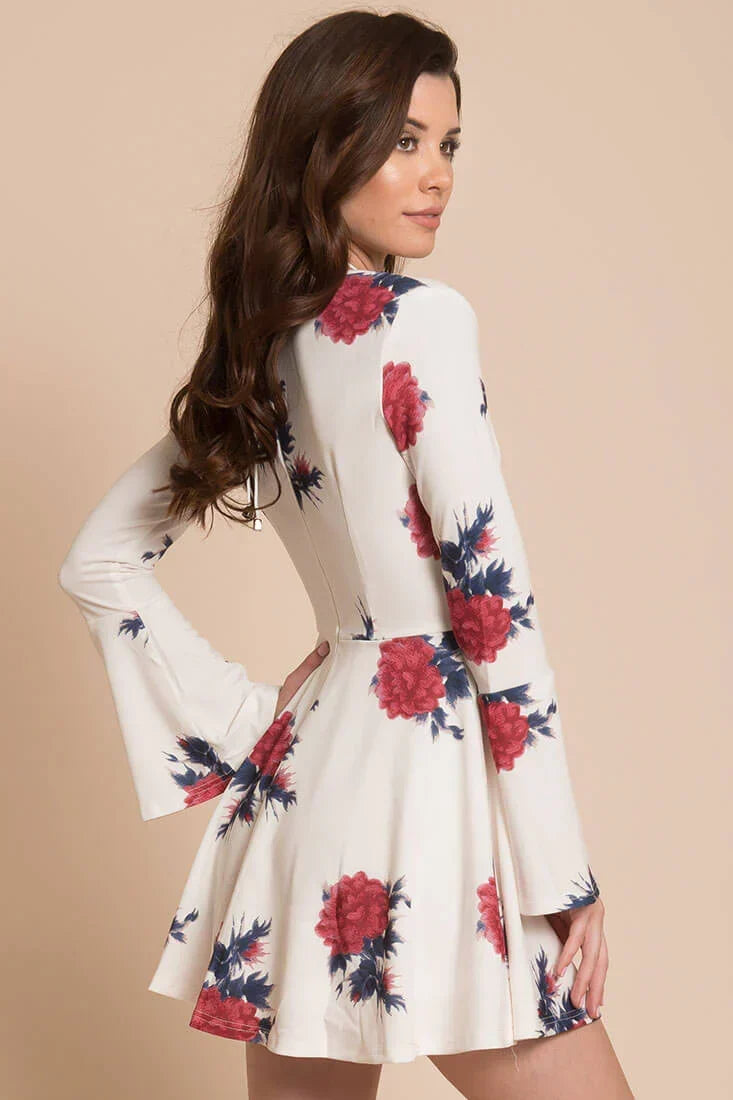 White Floral Keyhole Long-Sleeve Fit and Flare Mini Dress