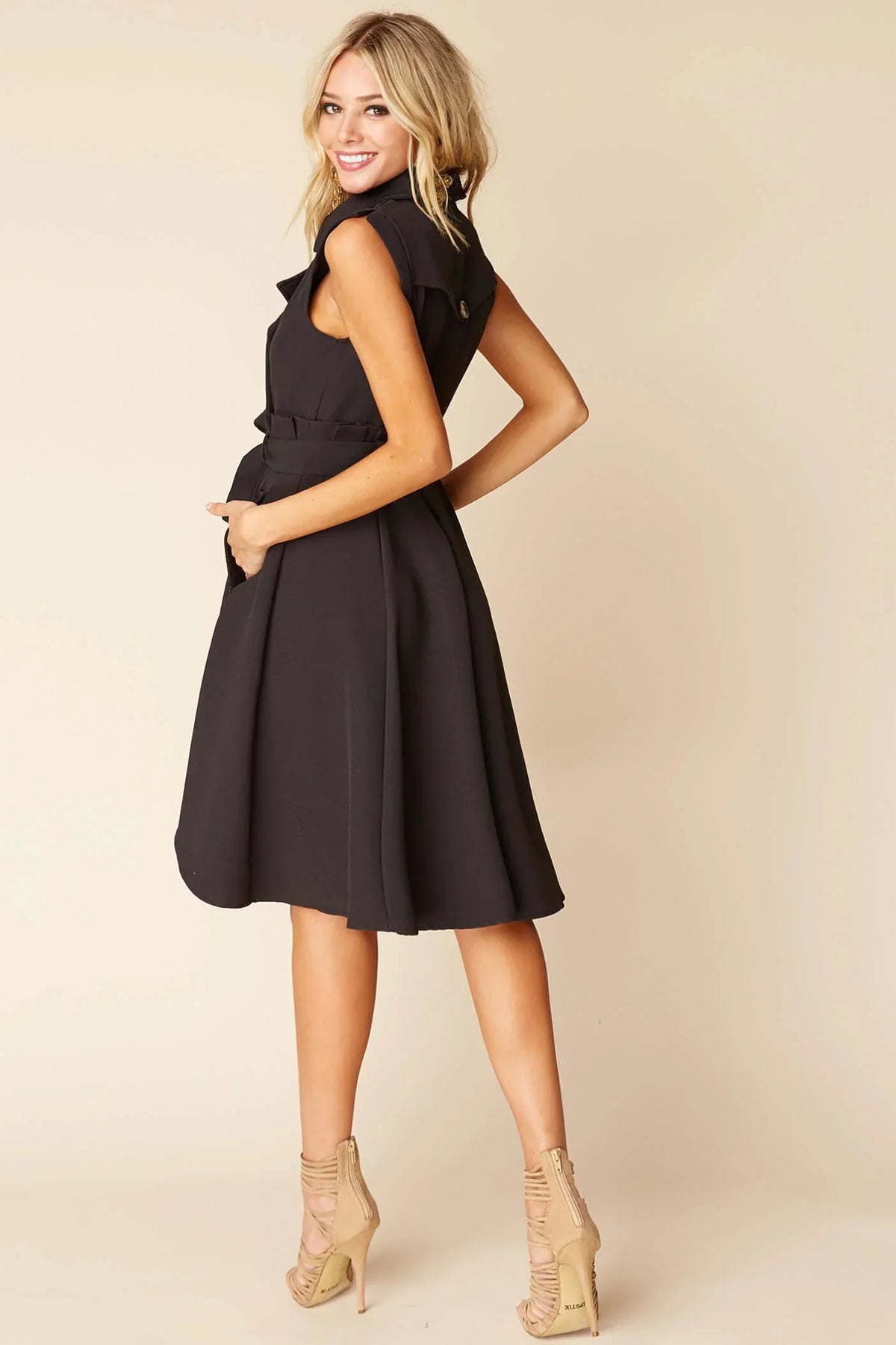 Black Double-Breasted High-Low Trench Dress with Bow Belt