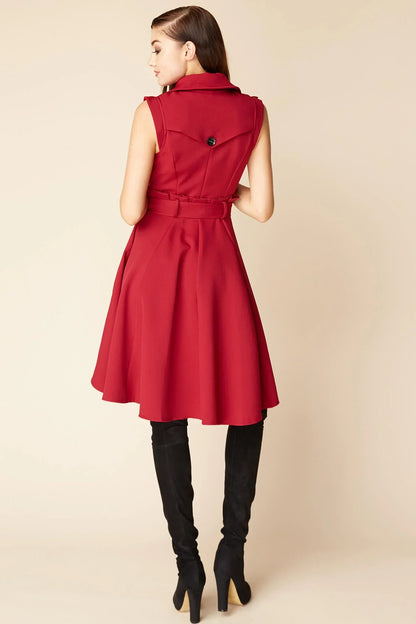 Red Double-Breasted High-Low Trench Dress with Bow Belt