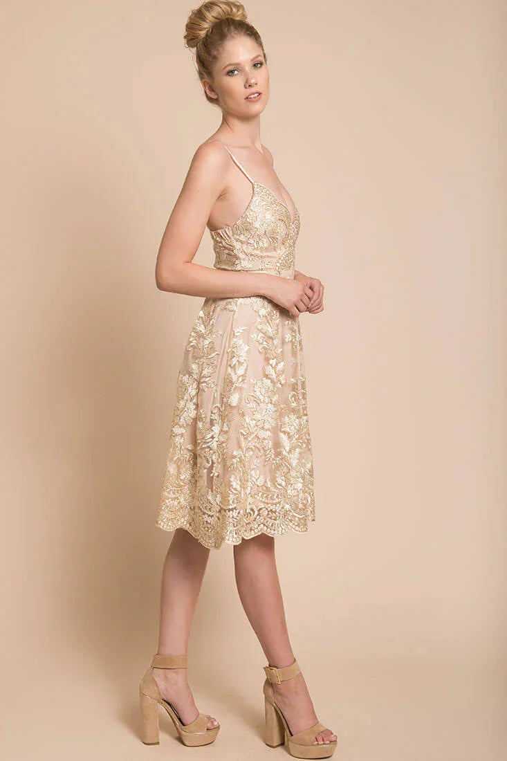Beige Spaghetti Strap Lace Embroidered Midi Dress