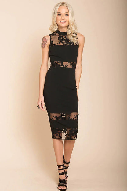 Black High-Neck Sheer Lace Panel Bodycon Midi Dress