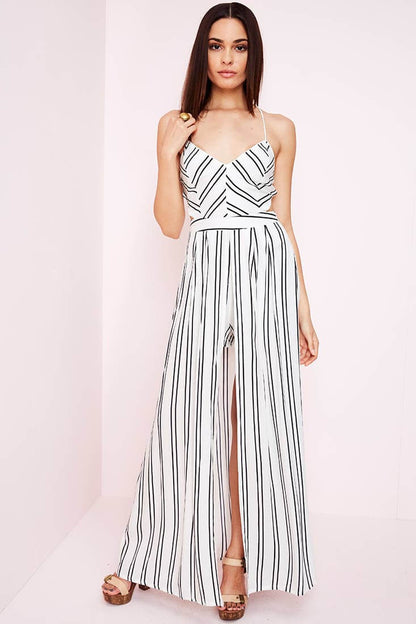 Black and White Striped Open-Back Maxi Romper with Overlay