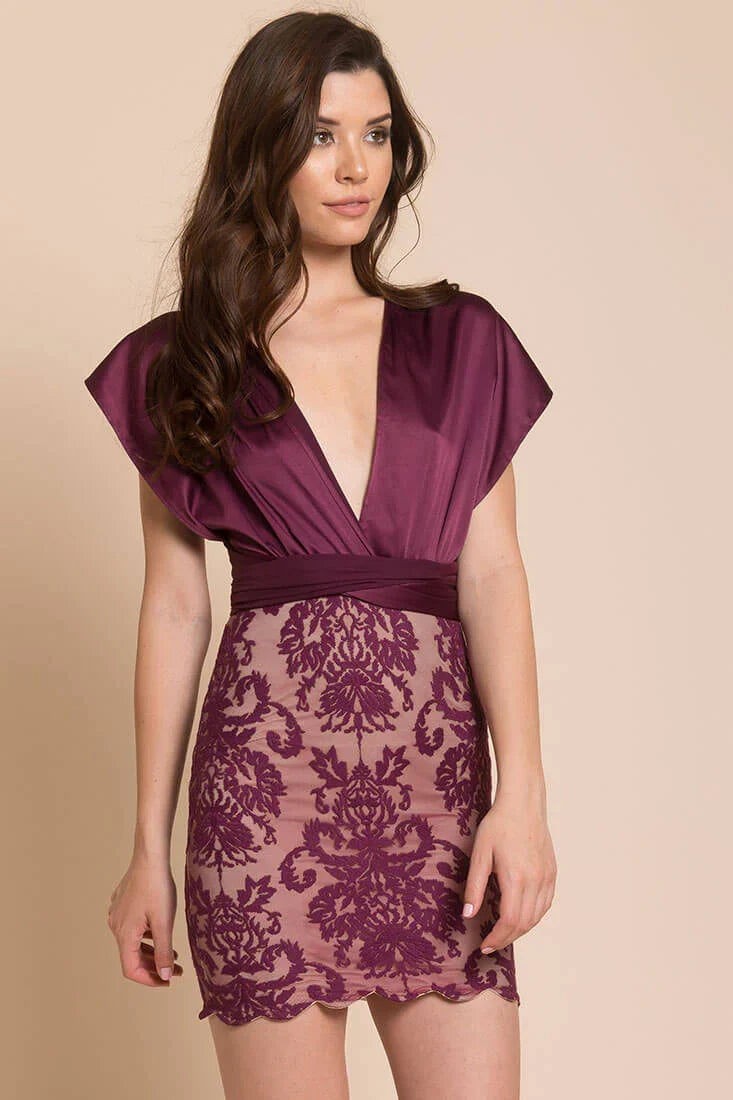 Plum and Nude Lace Cross-Back Mini Dress