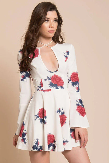 White Floral Keyhole Long-Sleeve Fit and Flare Mini Dress