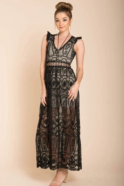 Black and Nude Lace Bohemian Glamour Maxi Dress