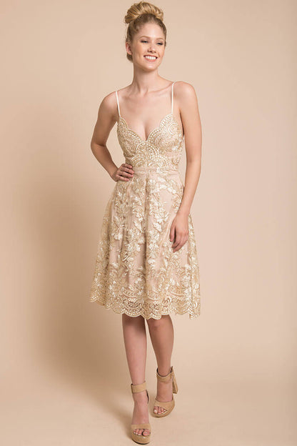 Beige Spaghetti Strap Lace Embroidered Midi Dress