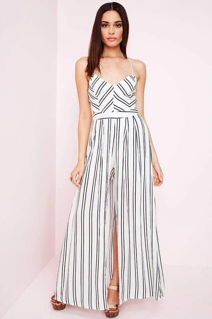 Black and White Striped Open-Back Maxi Romper with Overlay