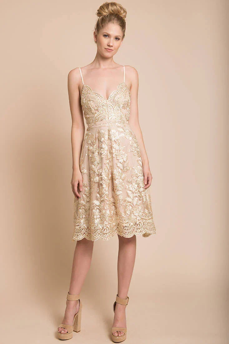 Beige Spaghetti Strap Lace Embroidered Midi Dress