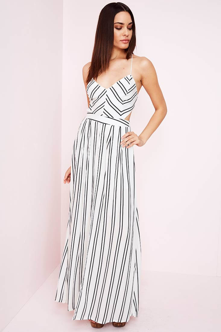 Black and White Striped Open-Back Maxi Romper with Overlay