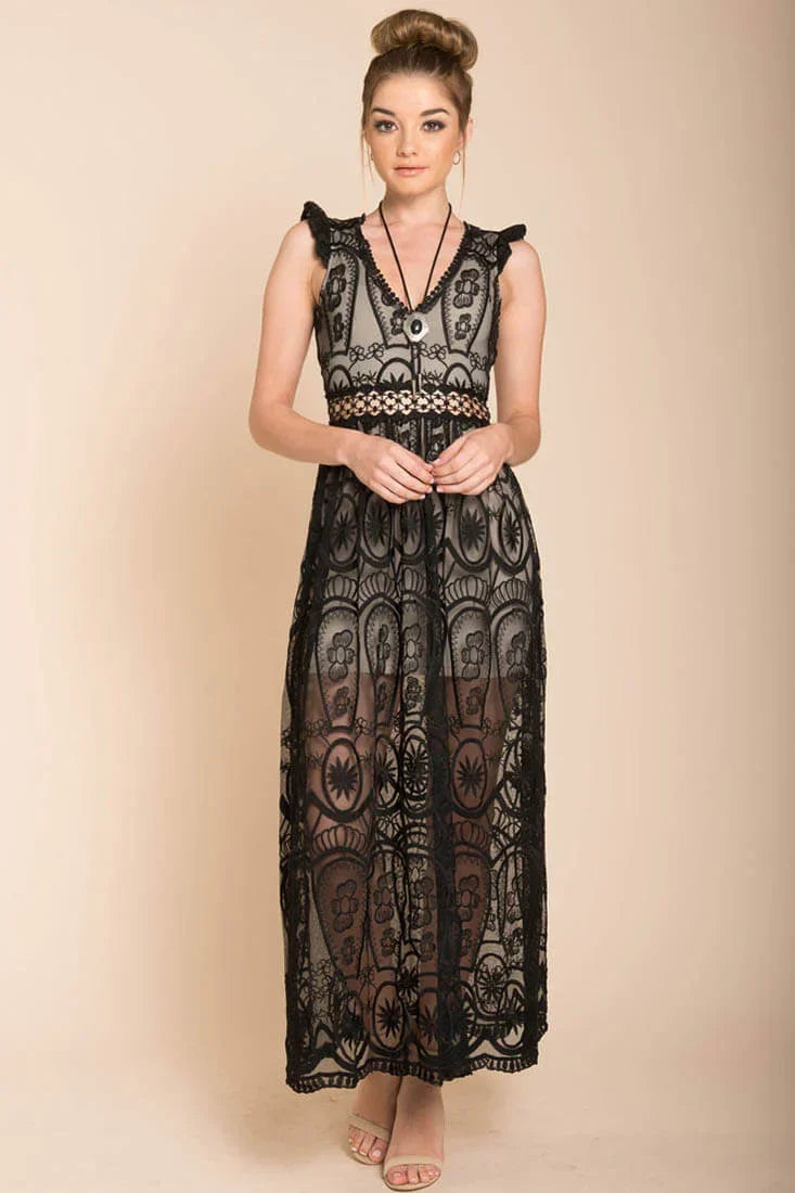 Black and Nude Lace Bohemian Glamour Maxi Dress