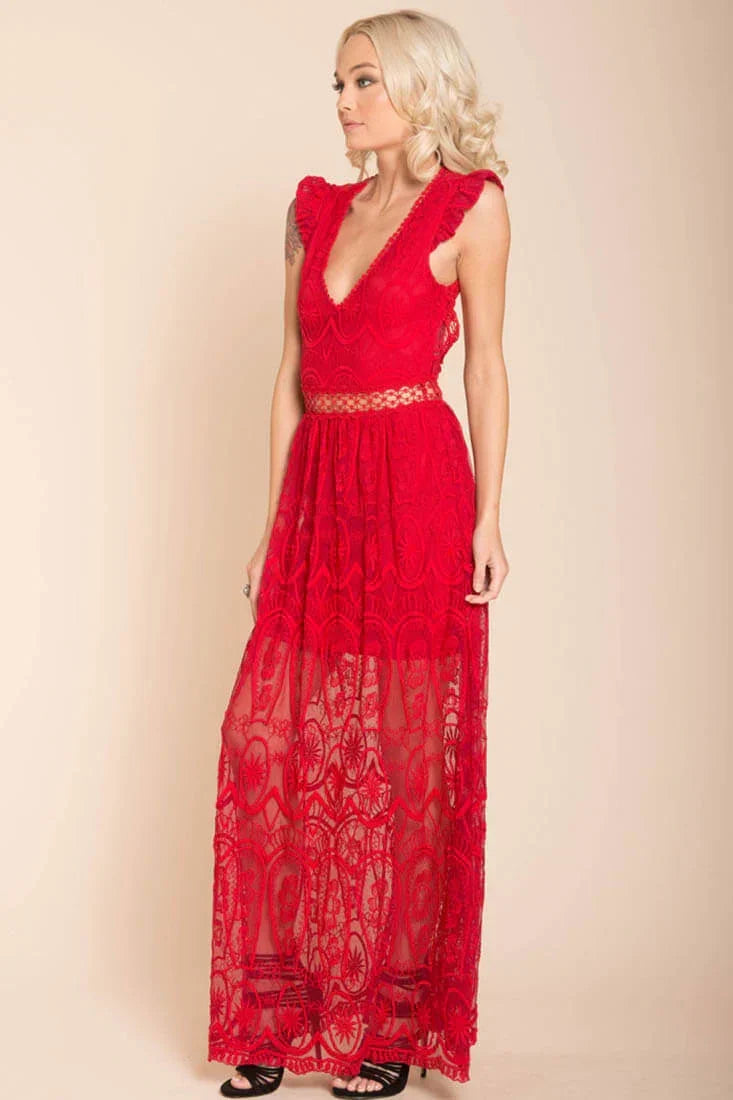 Red Lace Bohemian Glamour Maxi Dress