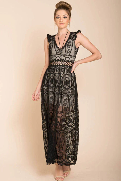 Black and Nude Lace Bohemian Glamour Maxi Dress