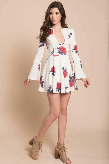 White Floral Keyhole Long-Sleeve Fit and Flare Mini Dress
