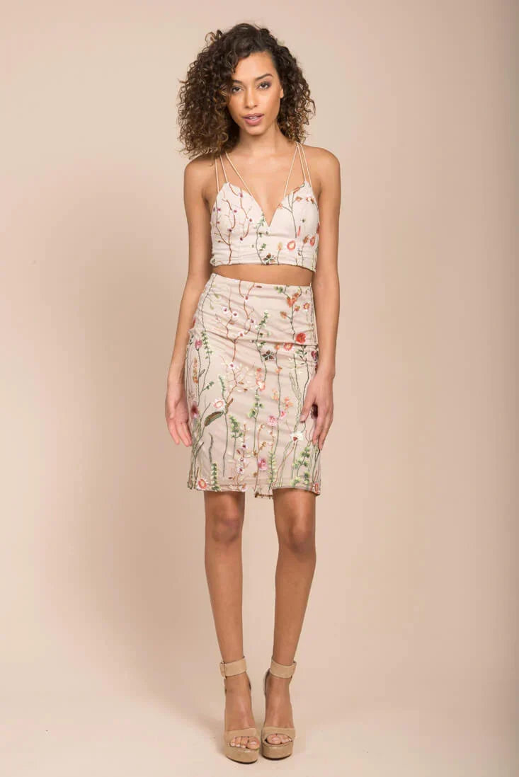 Beige Floral Embroidered Crop Top and Midi Skirt Set