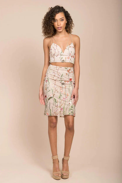 Beige Floral Embroidered Crop Top and Midi Skirt Set