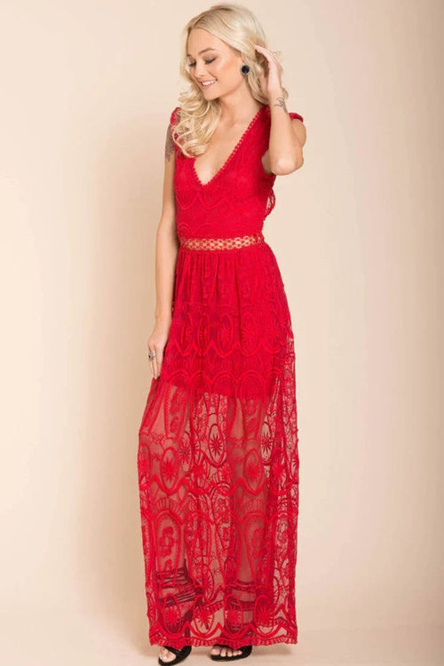 Red Lace Bohemian Glamour Maxi Dress