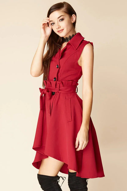 Red Double-Breasted High-Low Trench Dress with Bow Belt