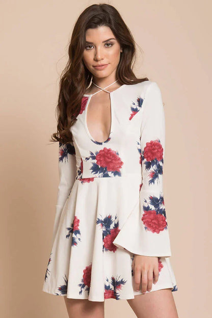 White Floral Keyhole Long-Sleeve Fit and Flare Mini Dress