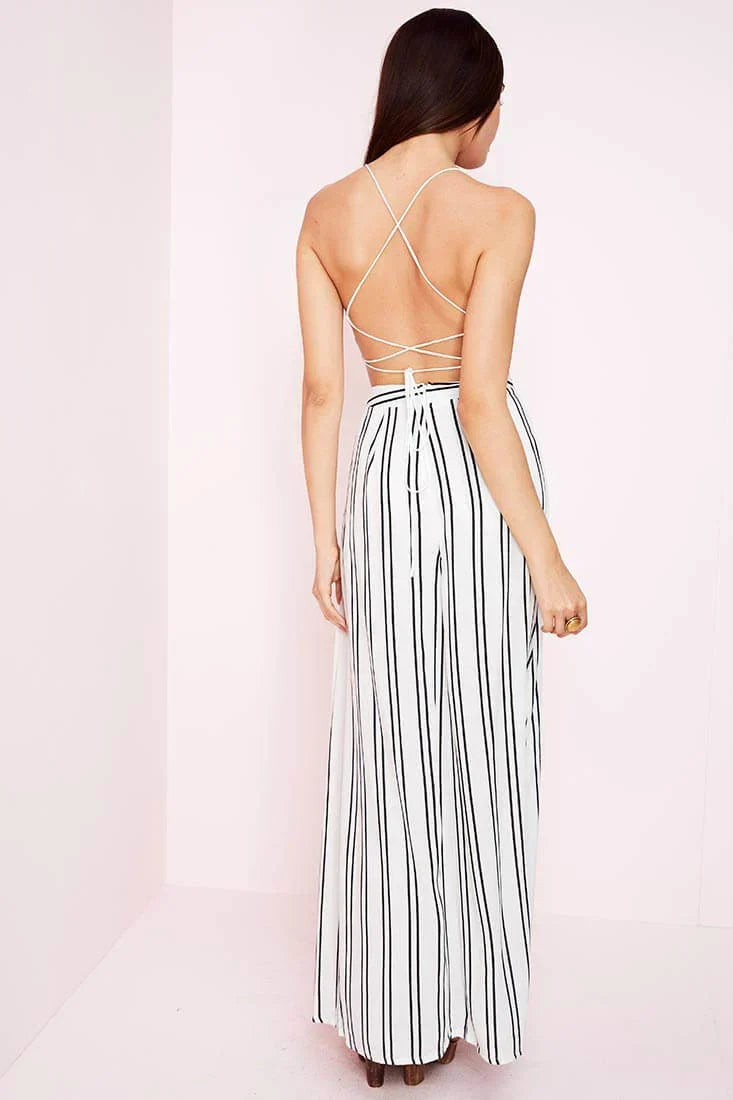 Black and White Striped Open-Back Maxi Romper with Overlay