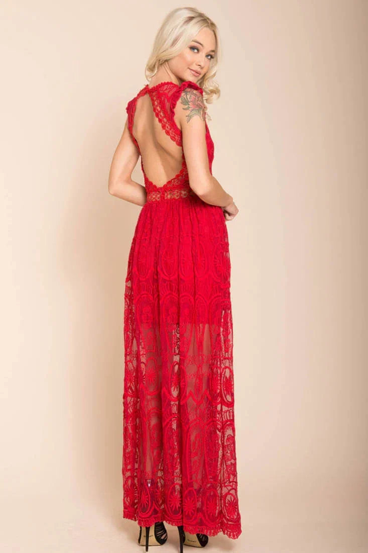 Red Lace Bohemian Glamour Maxi Dress