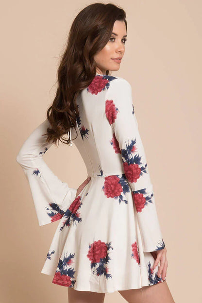 White Floral Keyhole Long-Sleeve Fit and Flare Mini Dress