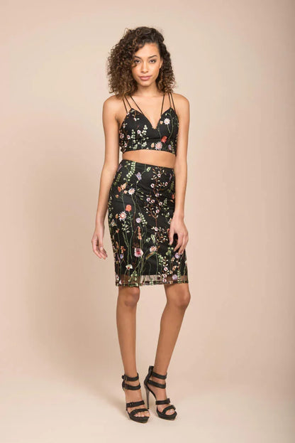 Black and Multi Floral Embroidered Crop Top and Midi Skirt Set
