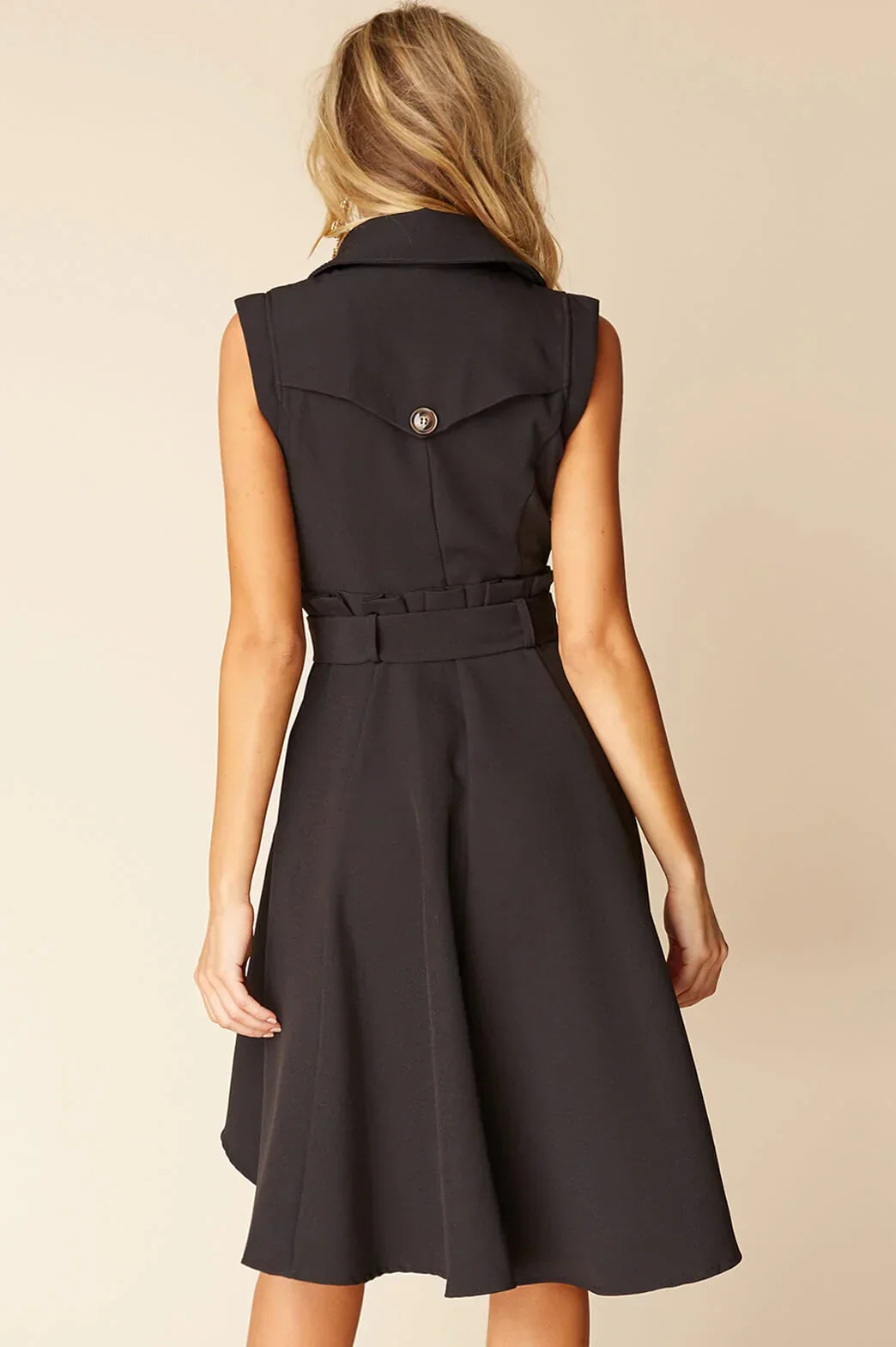 Black Double-Breasted High-Low Trench Dress with Bow Belt