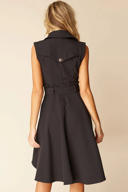 Black Double-Breasted High-Low Trench Dress with Bow Belt