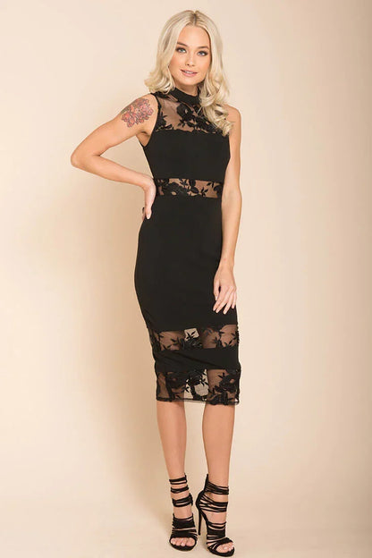 Black High-Neck Sheer Lace Panel Bodycon Midi Dress