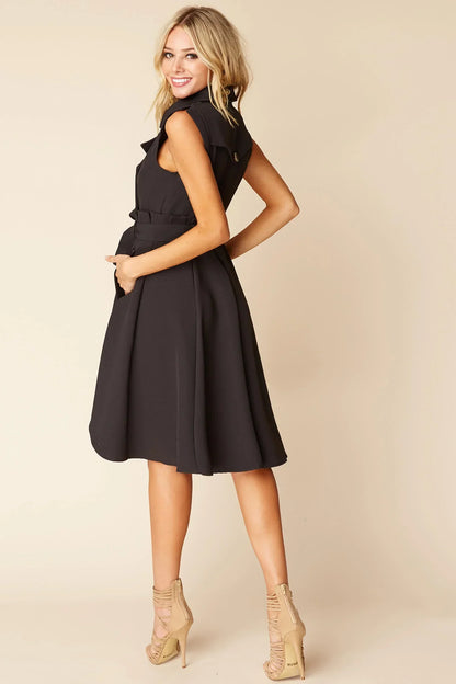 Black Double-Breasted High-Low Trench Dress with Bow Belt
