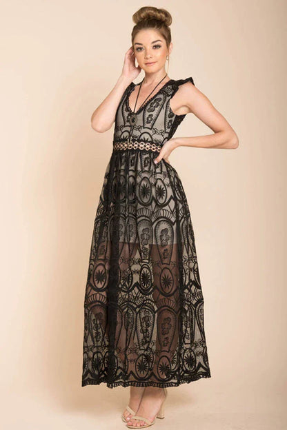 Black and Nude Lace Bohemian Glamour Maxi Dress