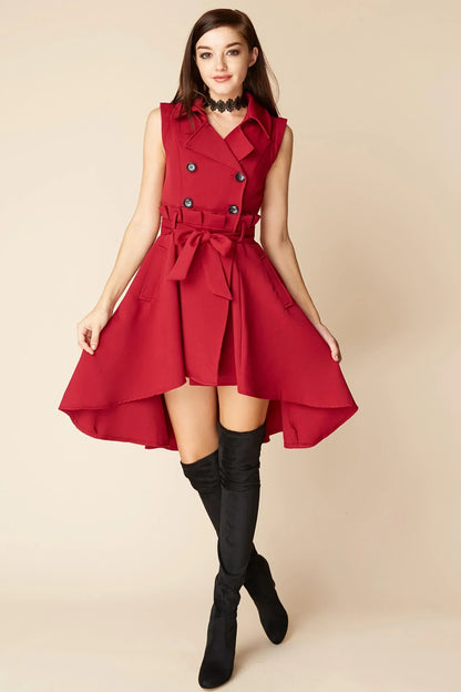 Red Double-Breasted High-Low Trench Dress with Bow Belt
