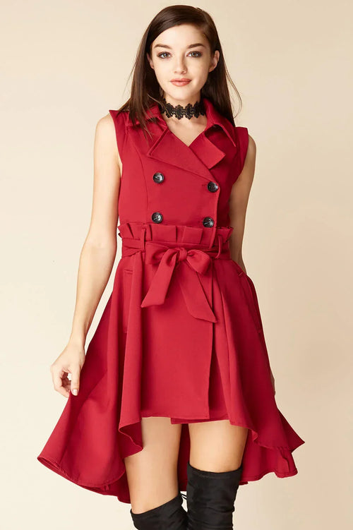 Red Double-Breasted High-Low Trench Dress with Bow Belt