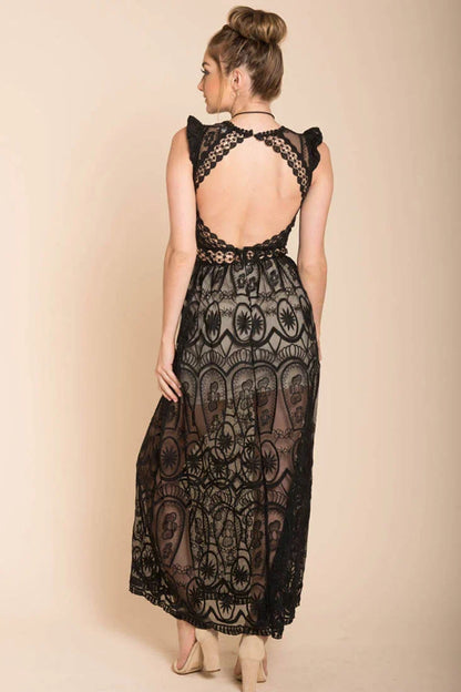 Black and Nude Lace Bohemian Glamour Maxi Dress
