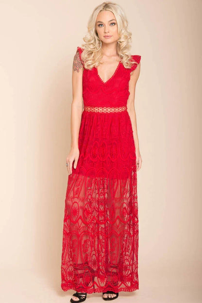 Red Lace Bohemian Glamour Maxi Dress