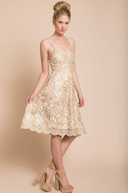 Beige Spaghetti Strap Lace Embroidered Midi Dress
