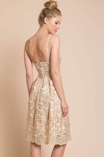 Beige Spaghetti Strap Lace Embroidered Midi Dress